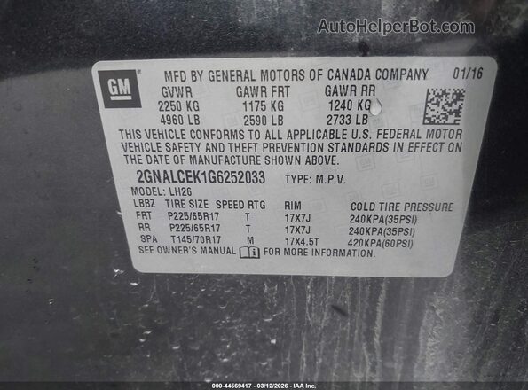2GNALCEK1G6252033 2016 CHEVROLET EQUINOX Серый Вид подкапотного пространства