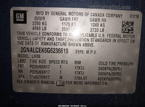 2GNALCEK6G6236619 2016 CHEVROLET EQUINOX Blue Widok komory silnika