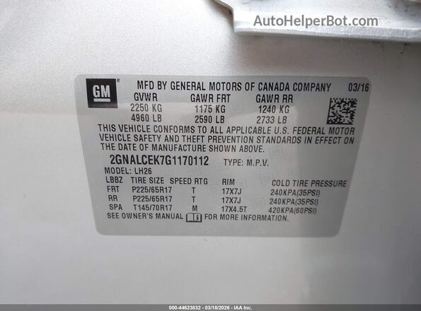 2GNALCEK7G1170112 2016 CHEVROLET EQUINOX Silver ძრავის განყოფილების ხედი