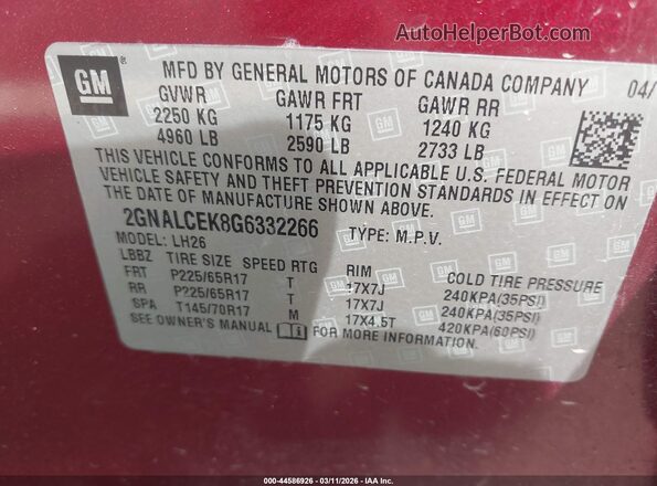 2GNALCEK8G6332266 2016 CHEVROLET EQUINOX Красный Вид подкапотного пространства