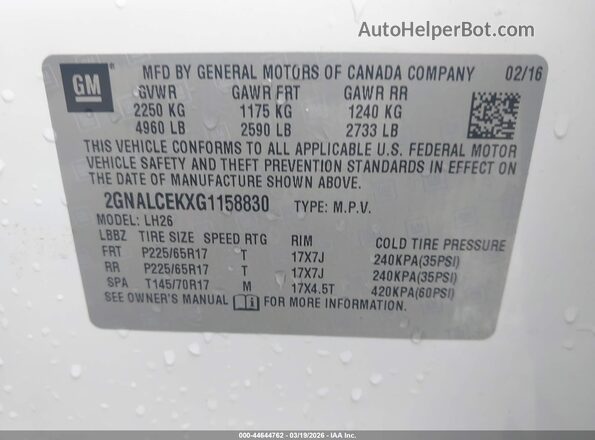 2GNALCEKXG1158830 2016 CHEVROLET EQUINOX White Շարժիչի բաժամունքի տեսք