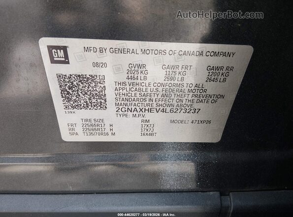 2GNAXHEV4L6273237 2020 CHEVROLET EQUINOX Gray Vista del compartimento del motor