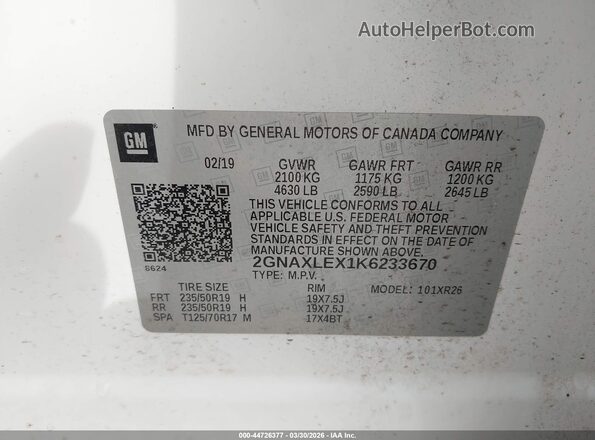 2GNAXLEX1K6233670 2019 CHEVROLET EQUINOX White ძრავის განყოფილების ხედი