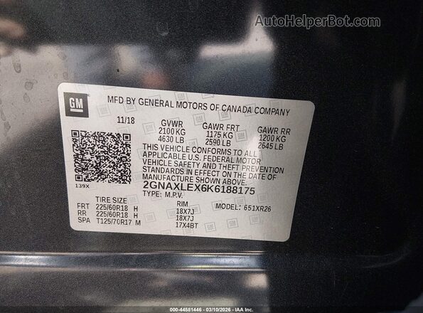2GNAXLEX6K6188175 2019 CHEVROLET EQUINOX Серый Вид подкапотного пространства
