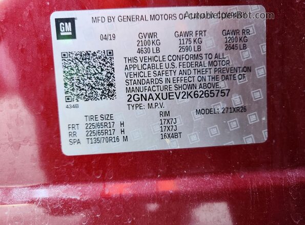 2GNAXUEV2K6265757 2019 CHEVROLET EQUINOX Red VIN sticker view