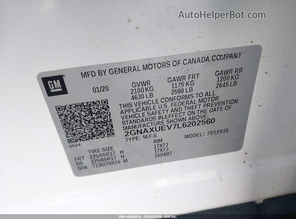 2GNAXUEV7L6202560 2020 CHEVROLET EQUINOX Белый Вид подкапотного пространства