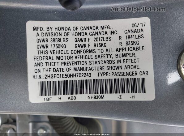2HGFC1E50HH702243 2017 HONDA CIVIC Gray Շարժիչի բաժամունքի տեսք