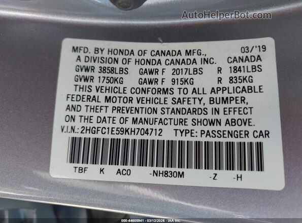 2HGFC1E59KH704712 2019 HONDA CIVIC SI Silver 