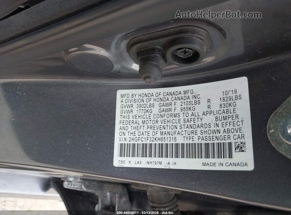 2HGFC1F32KH651316 2019 HONDA CIVIC Gray Engine compartment view