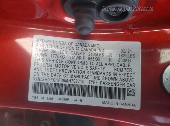 2HGFC1F36MH702710 2021 HONDA CIVIC Red VIN კოდის სტიკერის ხედი