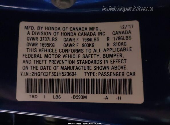 2HGFC2F50JH523694 2018 HONDA CIVIC Blue 