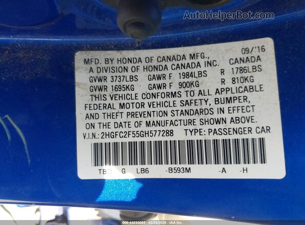 2HGFC2F55GH577288 2016 HONDA CIVIC Blue Vista del compartimento del motor