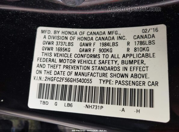 2HGFC2F56GH540055 2016 HONDA CIVIC Black Vista del compartimento del motor