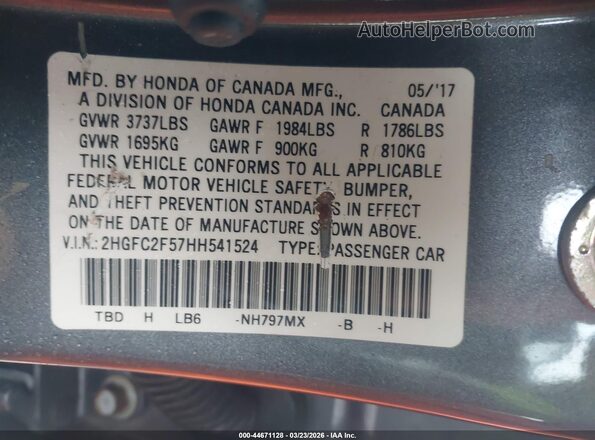 2HGFC2F57HH541524 2017 HONDA CIVIC Gray Engine compartment view