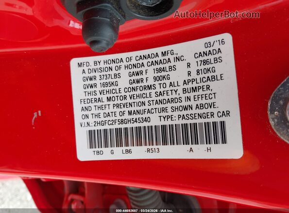 2HGFC2F58GH545340 2016 HONDA CIVIC Red 