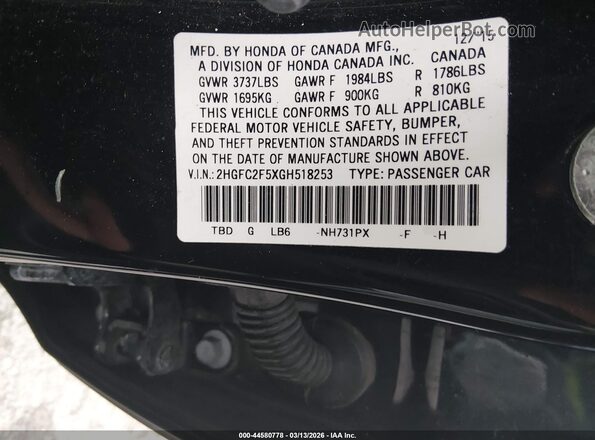 2HGFC2F5XGH518253 2016 HONDA CIVIC Black 