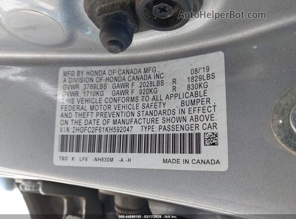2HGFC2F61KH592047 2019 HONDA CIVIC Silver 