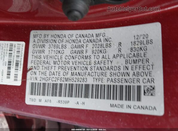 2HGFC2F62MH529283 2021 HONDA CIVIC Red Vista del compartimento del motor