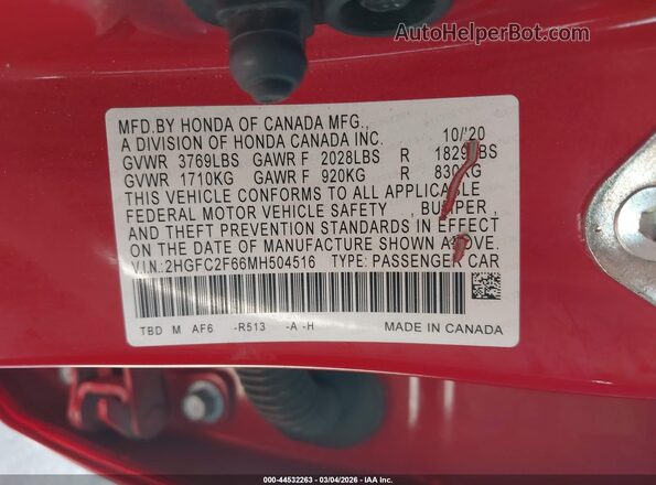 2HGFC2F66MH504516 2021 HONDA CIVIC Red Vista del compartimento del motor