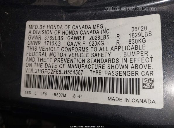 2HGFC2F68LH554557 2020 HONDA CIVIC Синий Вид подкапотного пространства