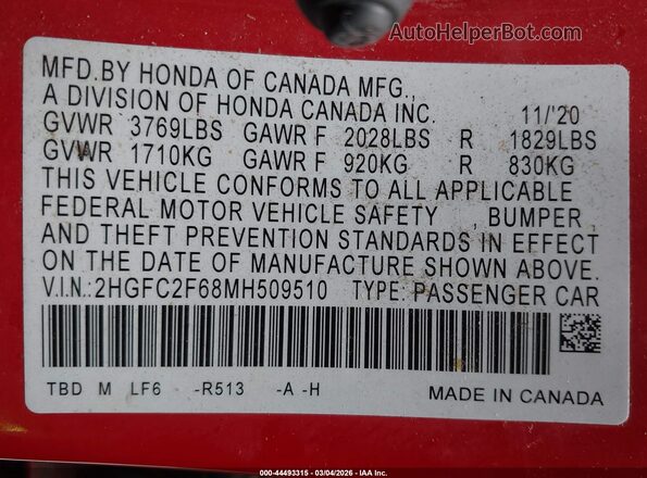 2HGFC2F68MH509510 2021 HONDA CIVIC Red Вид підкапотного простору