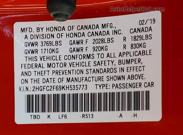 2HGFC2F69KH535773 2019 HONDA CIVIC Red 