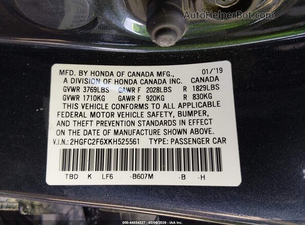 2HGFC2F6XKH525561 2019 HONDA CIVIC Black Вид підкапотного простору