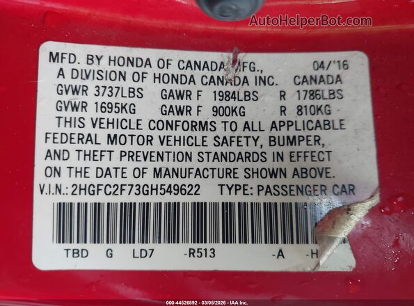 2HGFC2F73GH549622 2016 HONDA CIVIC Красный 
