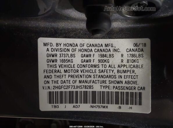 2HGFC2F73JH578285 2018 HONDA CIVIC Gray Widok komory silnika