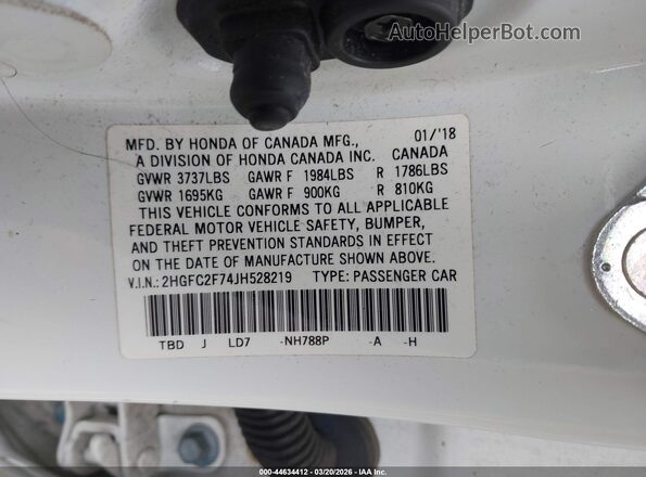 2HGFC2F74JH528219 2018 HONDA CIVIC White ძრავის განყოფილების ხედი