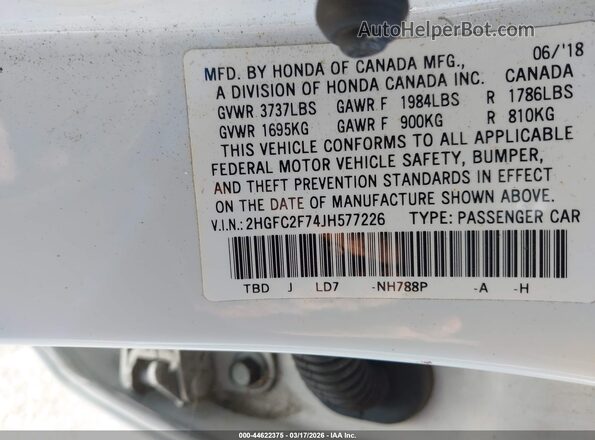 2HGFC2F74JH577226 2018 HONDA CIVIC White 