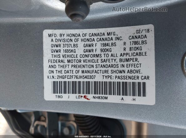 2HGFC2F76JH540307 2018 HONDA CIVIC Silver 