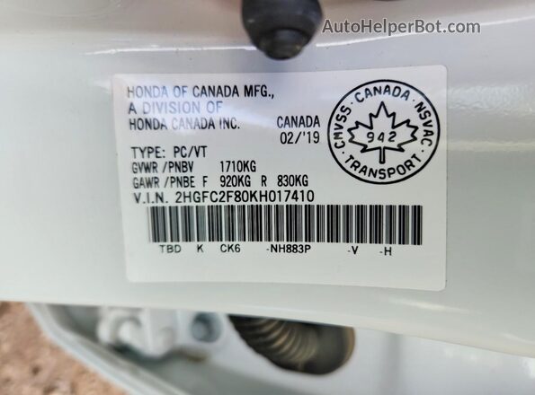 2HGFC2F80KH017410 2019 HONDA CIVIC White 