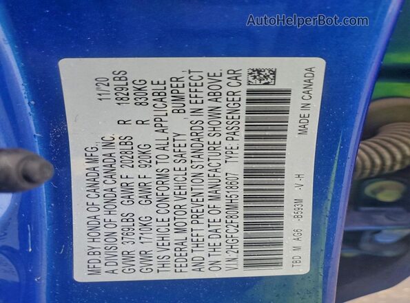 2HGFC2F80MH518607 2021 HONDA CIVIC Blue Vista del compartimento del motor