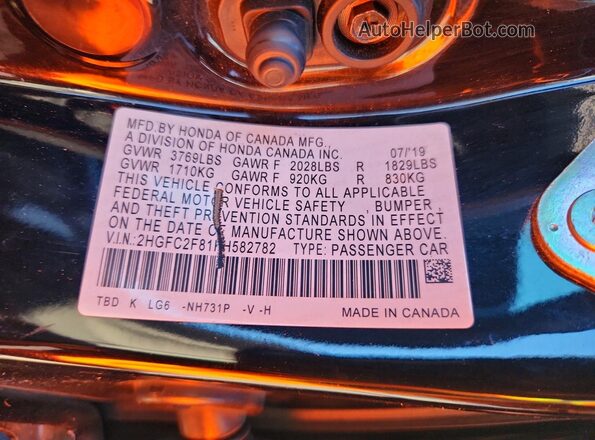 2HGFC2F81KH582782 2019 HONDA CIVIC Black 