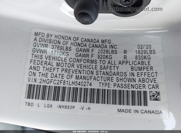 2HGFC2F81LH540274 2020 HONDA CIVIC White ძრავის განყოფილების ხედი
