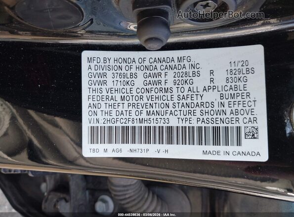 2HGFC2F81MH515733 2021 HONDA CIVIC Black Вид підкапотного простору