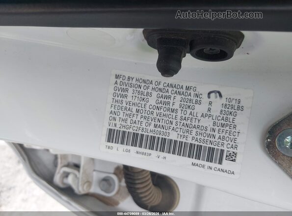 2HGFC2F83LH509303 2020 HONDA CIVIC White 