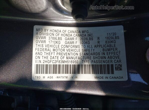 2HGFC2F83MH516950 2021 HONDA CIVIC Gray ძრავის განყოფილების ხედი