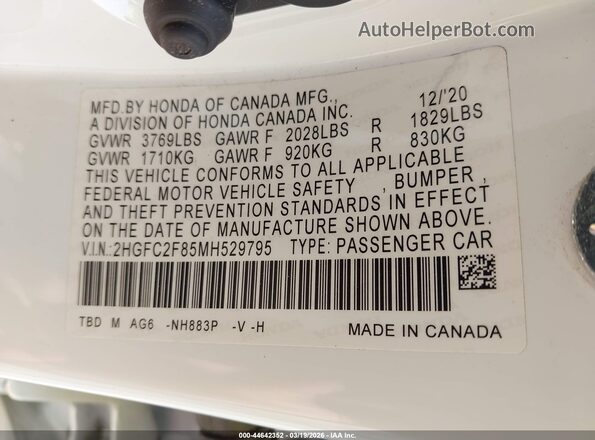 2HGFC2F85MH529795 2021 HONDA CIVIC White 