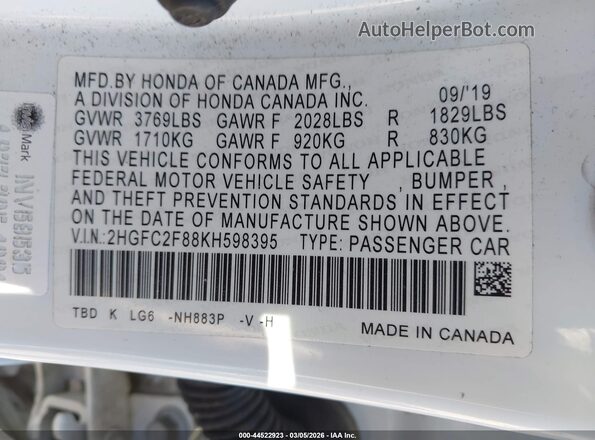 2HGFC2F88KH598395 2019 HONDA CIVIC White Vista del compartimento del motor