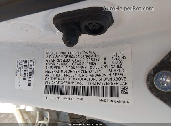 2HGFC2F88LH531653 2020 HONDA CIVIC White ძრავის განყოფილების ხედი