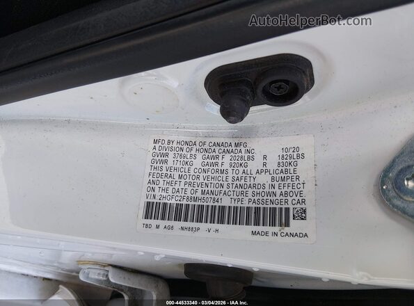 2HGFC2F88MH507841 2021 HONDA CIVIC White Vista del compartimento del motor