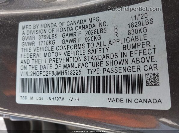2HGFC2F88MH518225 2021 HONDA CIVIC Gray Շարժիչի բաժամունքի տեսք