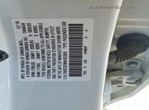 2HGFC2F89KH523009 2019 HONDA CIVIC White VIN კოდის სტიკერის ხედი