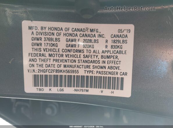 2HGFC2F89KH565955 2019 HONDA CIVIC Gray 