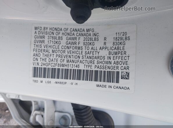 2HGFC2F89MH513146 2021 HONDA CIVIC White Vista del compartimento del motor