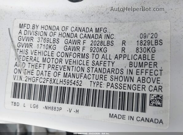 2HGFC2F8XLH595452 2020 HONDA CIVIC Белый Вид подкапотного пространства