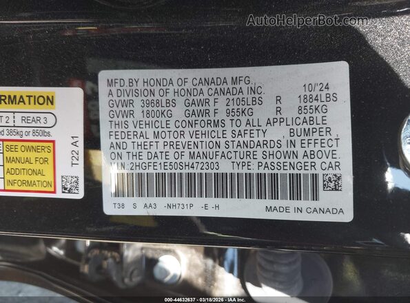 2HGFE1E50SH472303 2025 HONDA CIVIC SI Black 