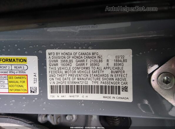 2HGFE1E56NH472102 2022 HONDA CIVIC Blue Engine compartment view